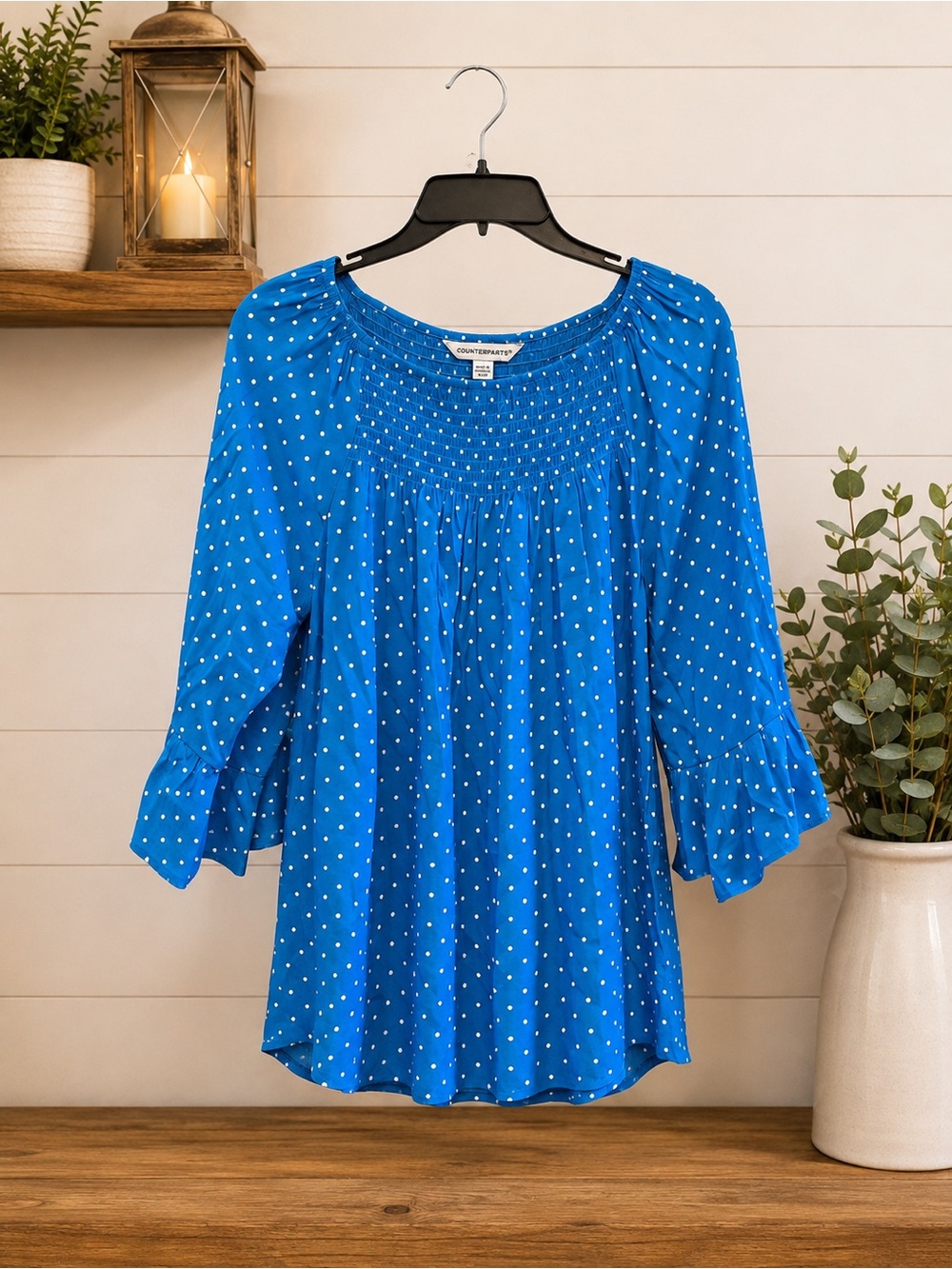 Counterparts Blue Polka Dot Smocked Ruffle Sleeve Blouse L